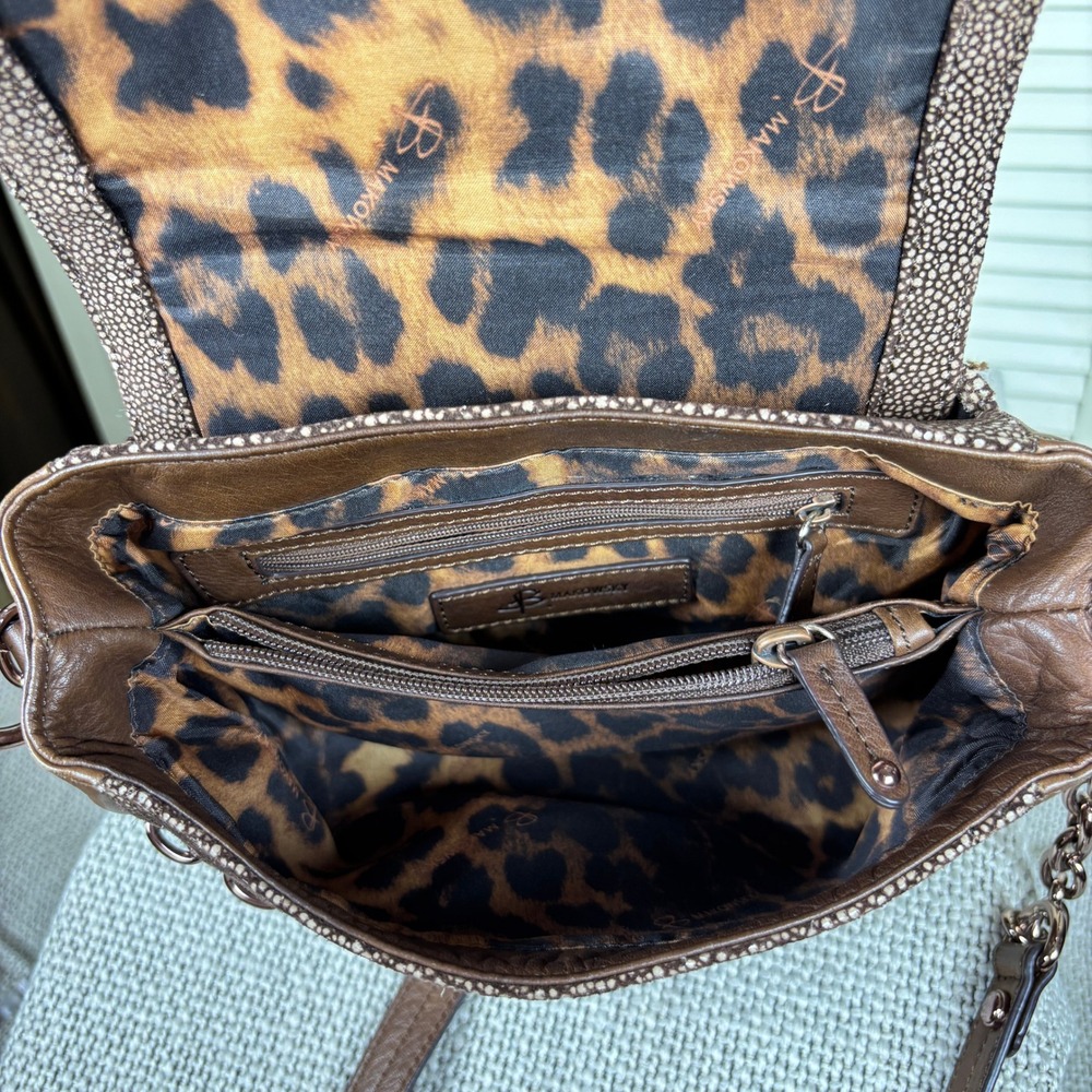 B. Makowsky Luxe Y2K Brown Stingray Embossed Leather Crossbody Bag Chain Purse - Picture 7 of 7